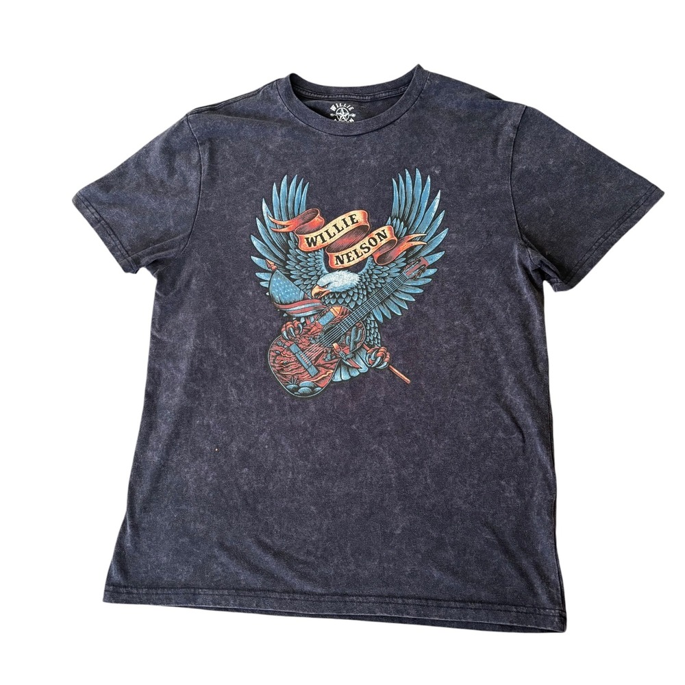 Willie Nelson Mens Graphic T-Shirt Gray Acid Wash Eagle Guitar M Concert Country